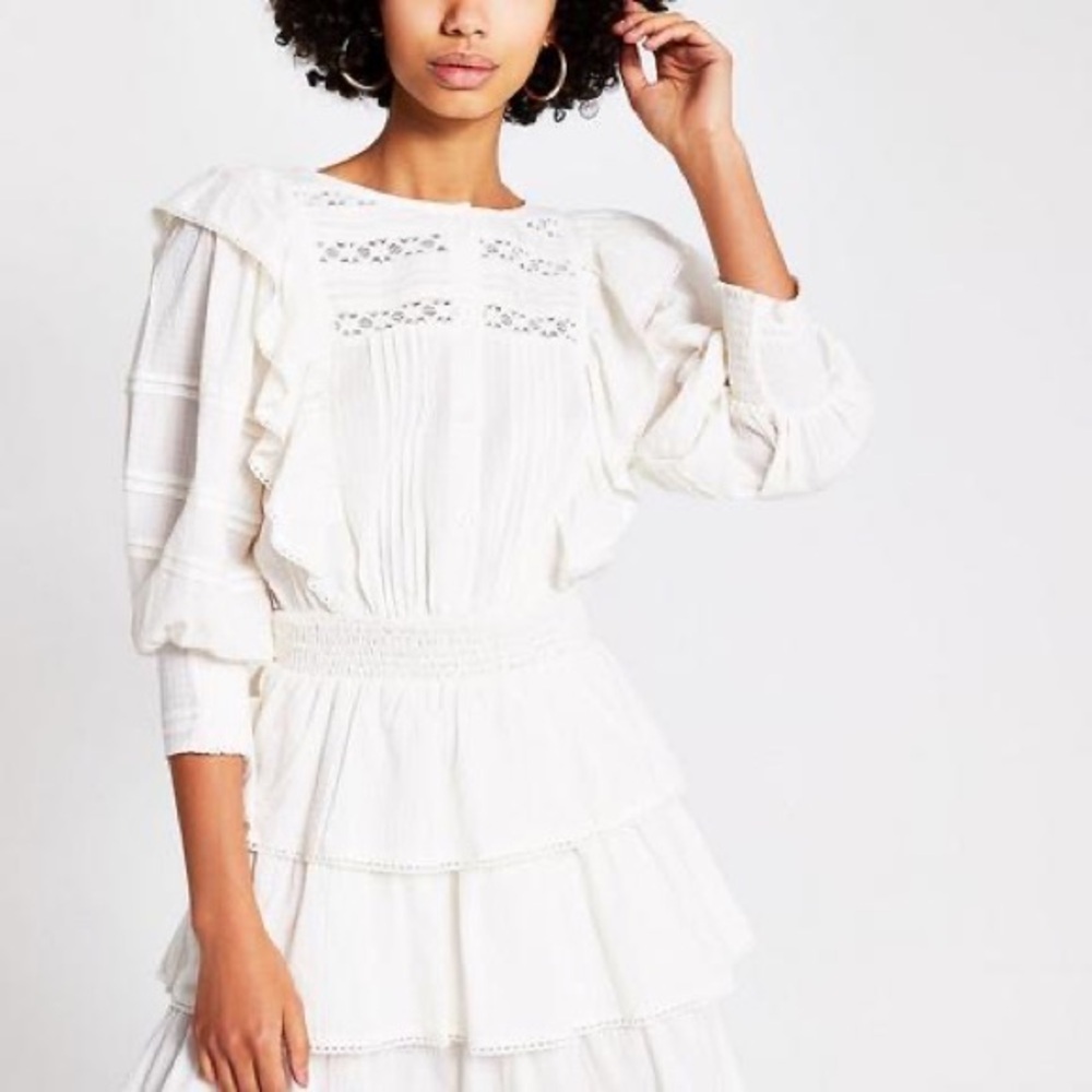 River Island Ruffled Eyelet Mini Dress (Size 10)